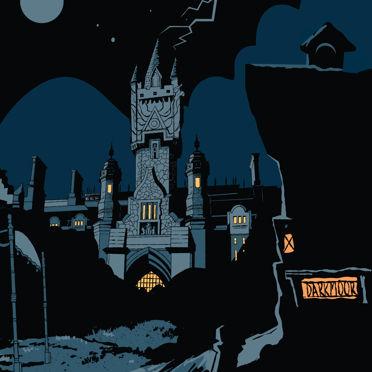 darkmoor frankenstein castle environmental placemaking graphics close-up.