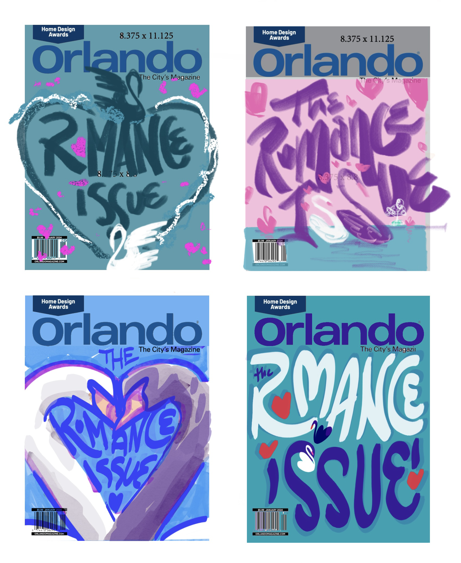 4 Rough color sketches magazine cover options.