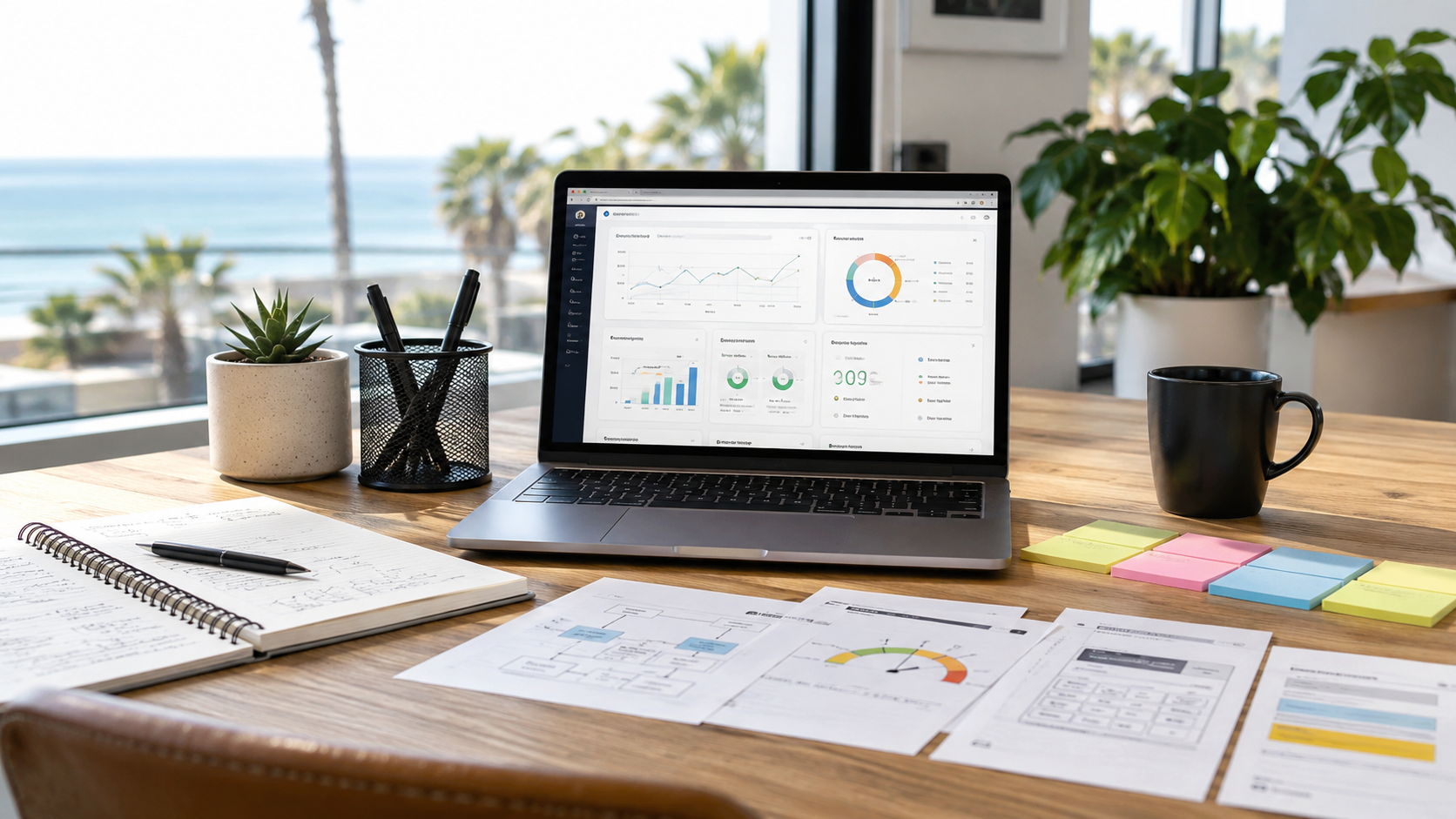 Modern desk with laptop showing a digital marketing dashboard and free browser-based marketing tools