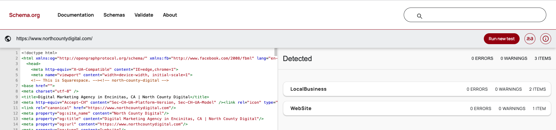 Squarespace page source showing the two automatically injected schema blocks