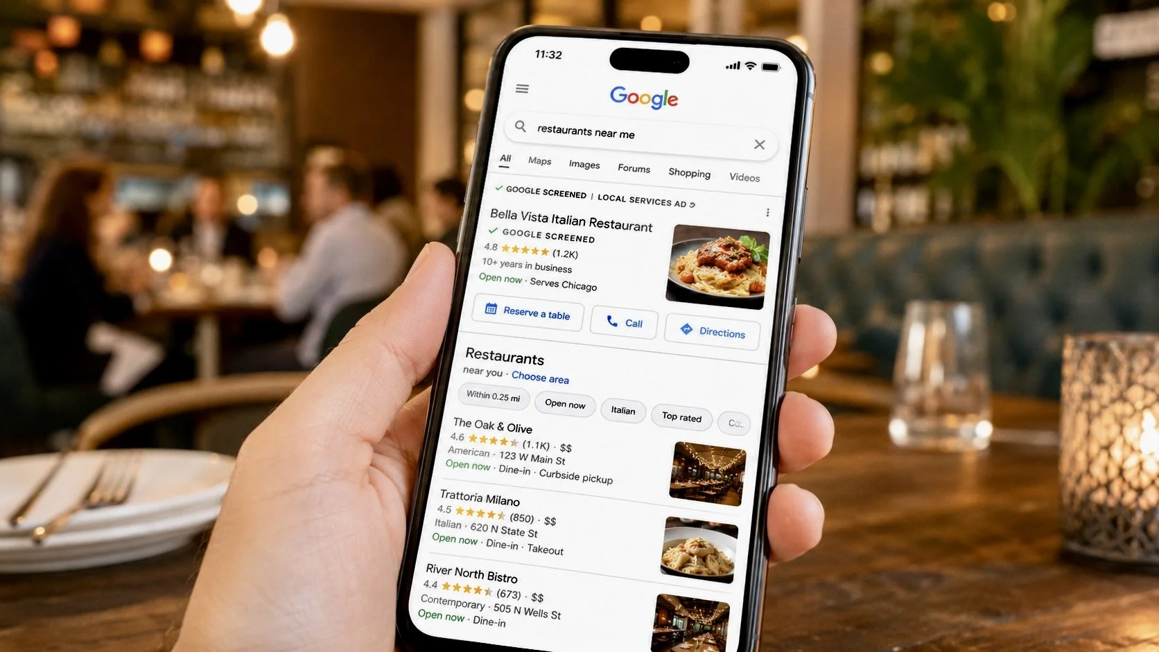 Google Local Services Ad for a restaurant at the top of mobile search results with reserve, call, and directions buttons.