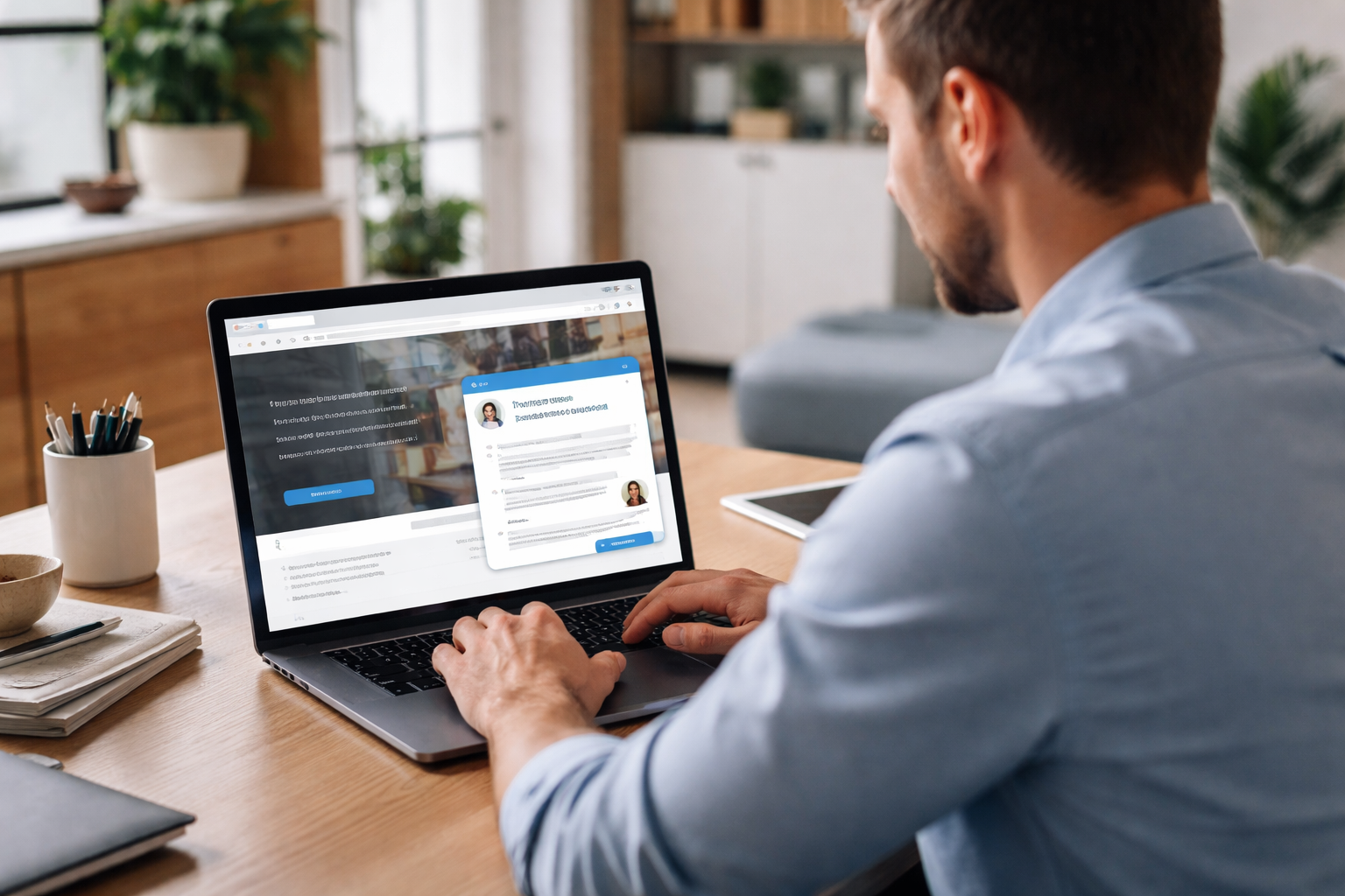 A man at a laptop on a website and interfacing with an AI chat widget.