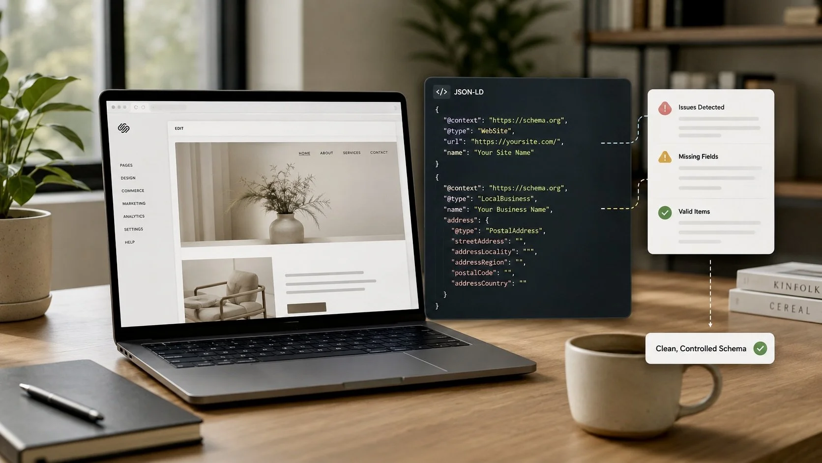 Laptop showing a Squarespace-style website editor with structured data code panels and schema validation cards on a clean office desk.