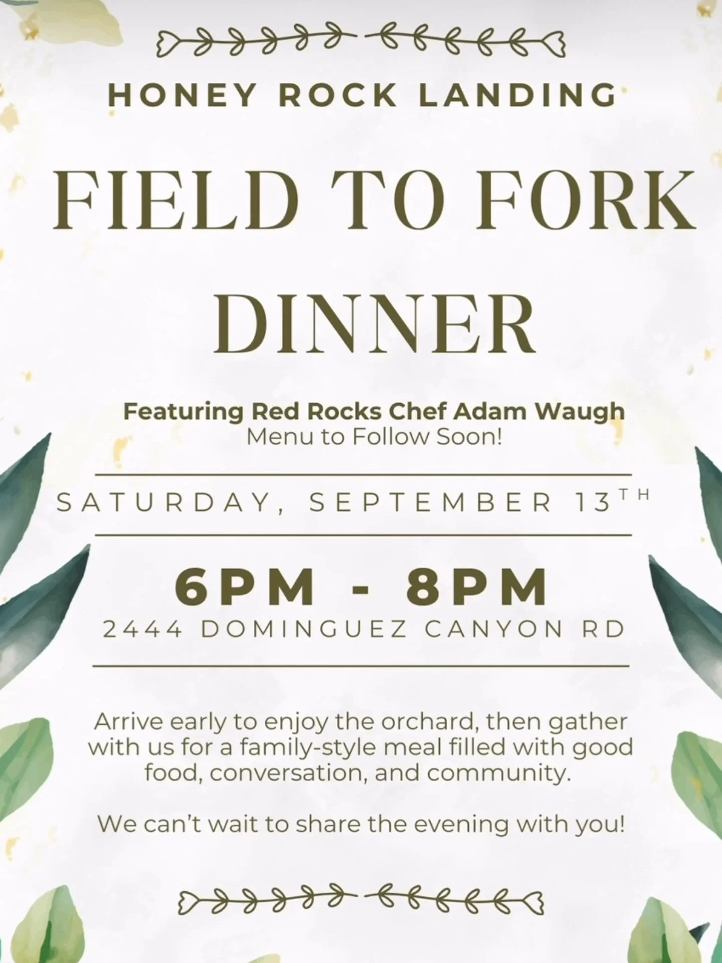 Come join us at an amazing location for a family style farm to table dinner you will not soon forget! @honeyrocklanding 👩&zwj;🌾👨🏼&zwj;🍳🥗 #redrockschef #honeyrocklanding #farmtotable #farmtofork #colorado #cheflife