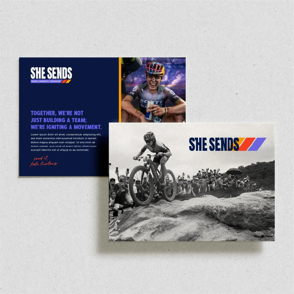 Promotional flyer for a women's sports and community event called "She Sends," featuring images of a female cyclist and a female mountain biker, along with text emphasizing empowering movement and community support.