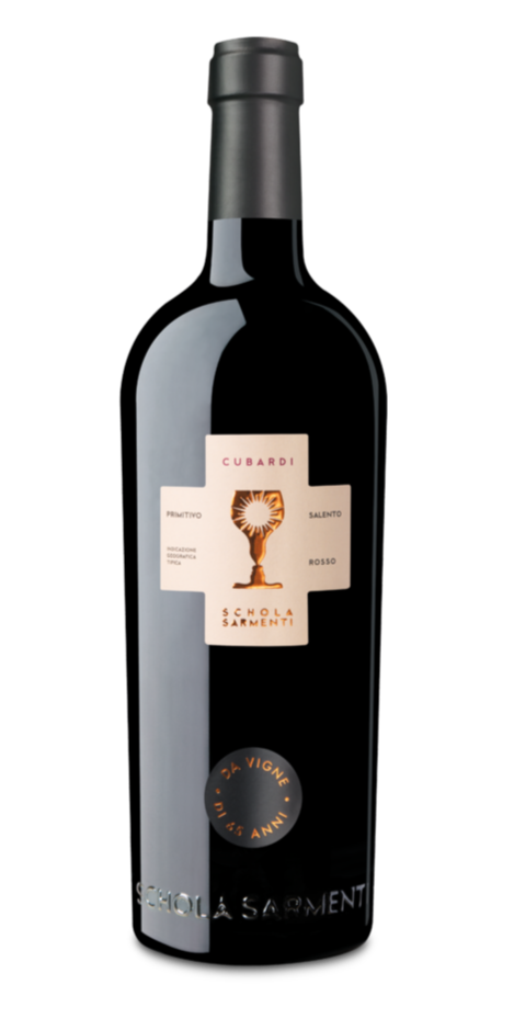Bottle of red wine with a black capsule, label featuring a sun and chalice, and the text 'Cubardi Primitivo Salento Rosato' and 'Schola Sarmenti'.