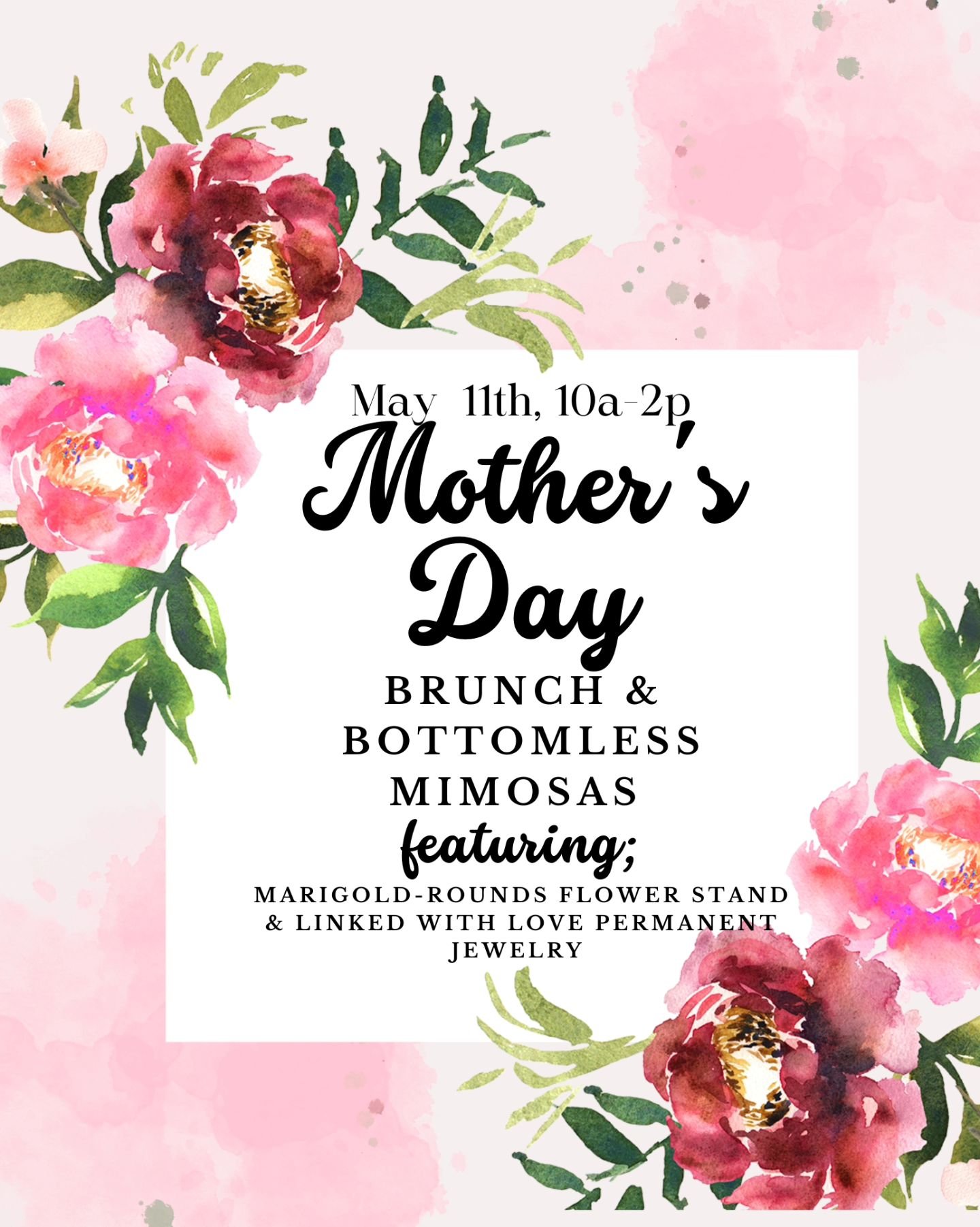 5&bull;11&bull;24
be there,
or be ■

set up an appointment with @linkdwlove, 
and get 5% off of your scc brunch.

pre-order momma's bouquet, 
5% off of your scc brunch.
💐
4025 Pontoon Road