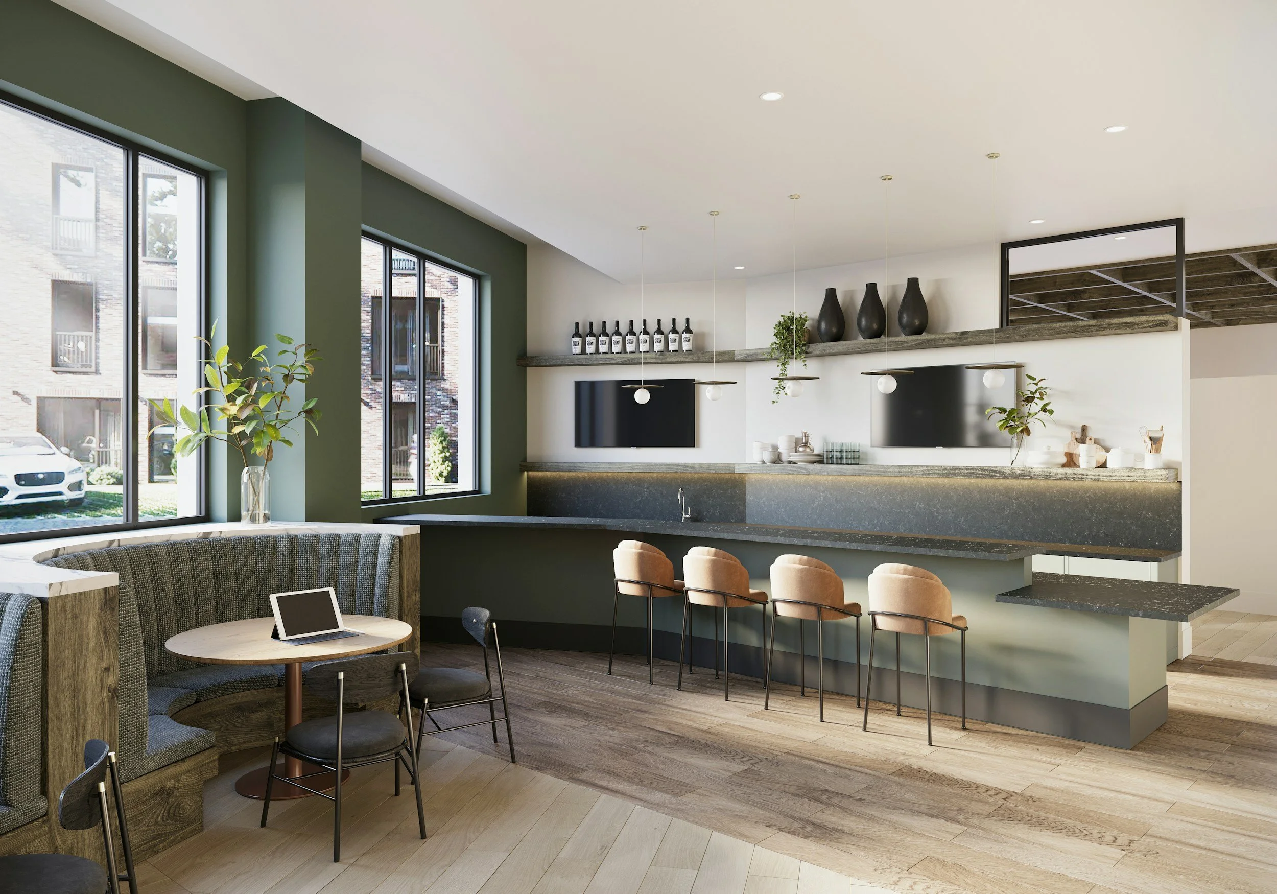 Modern kitchen and dining area with large windows, green accent wall, bar seating, and minimalist decor.