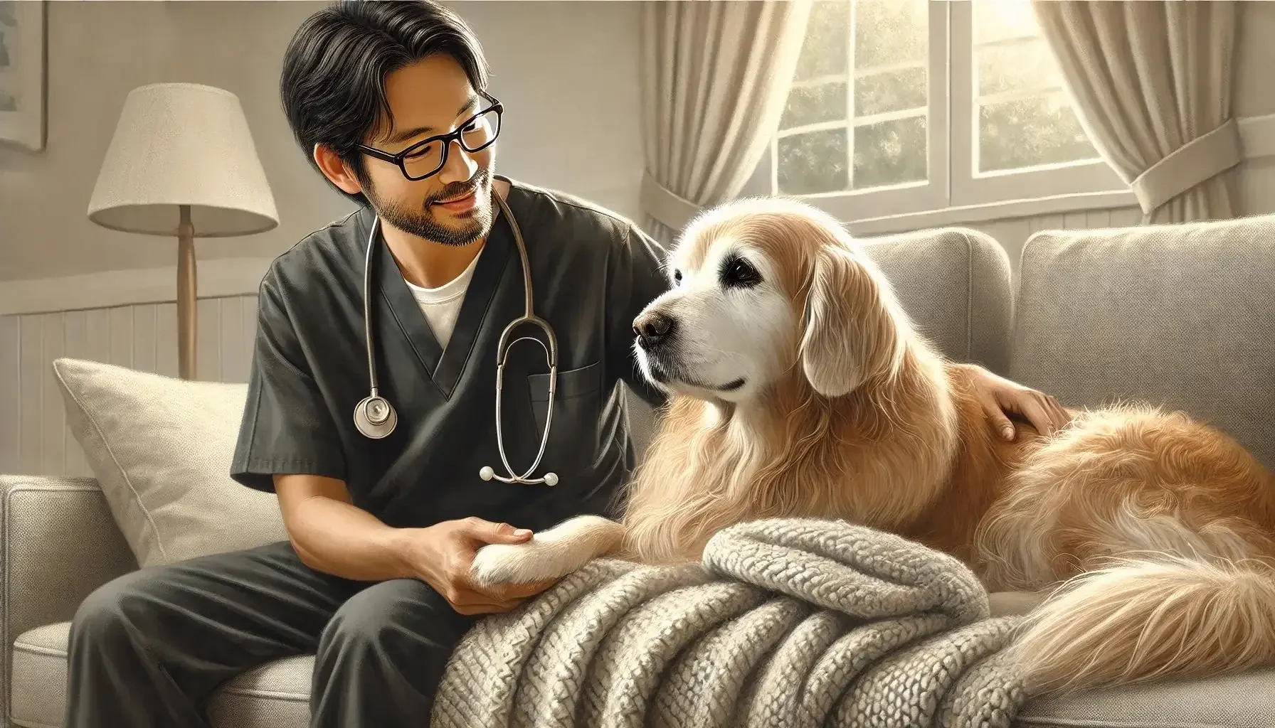 A veterinarian wearing glasses and a stethoscope around his neck is gently holding the paw of a golden retriever. The dog is lying on a cozy blanket on a sofa in a well-lit living room with curtains and a lamp in the background.