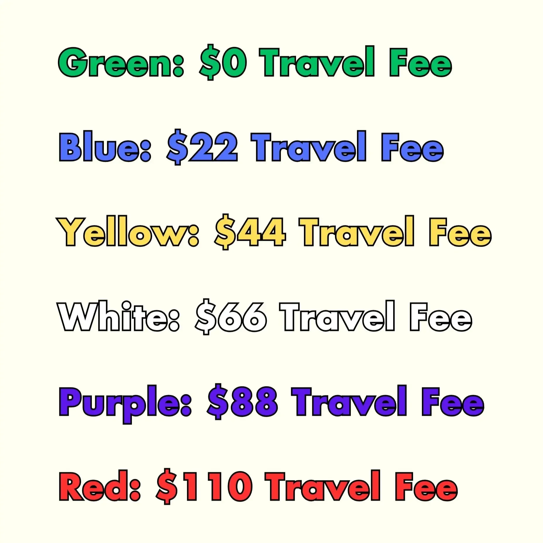 A color-coded chart listing travel fees by color: Green $0, Blue $22, Yellow $44, White $66, Purple $88, Red $110.