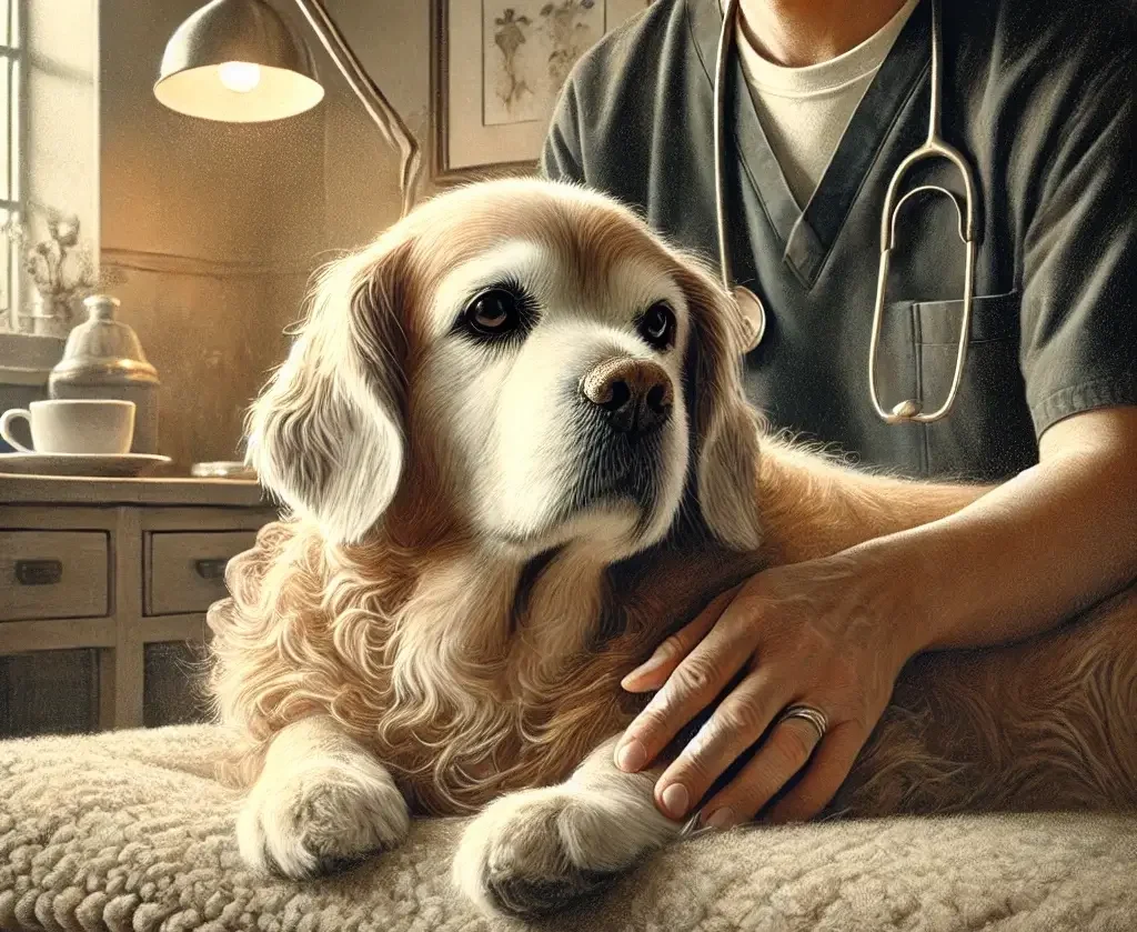 A veterinarian or veterinary technician examining a golden retriever dog in a clinical setting.
