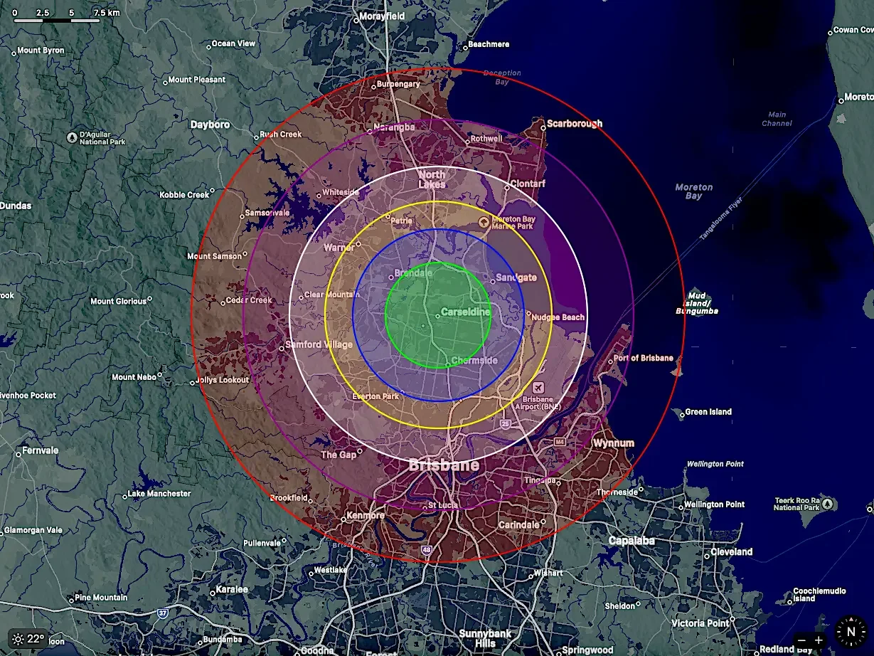 A map showing various concentric zones around Brisbane, Australia, with distance rings marked at 2.5 km, 5 km, 7.5 km, and an outer red circle, highlighting locations within and outside the city.
