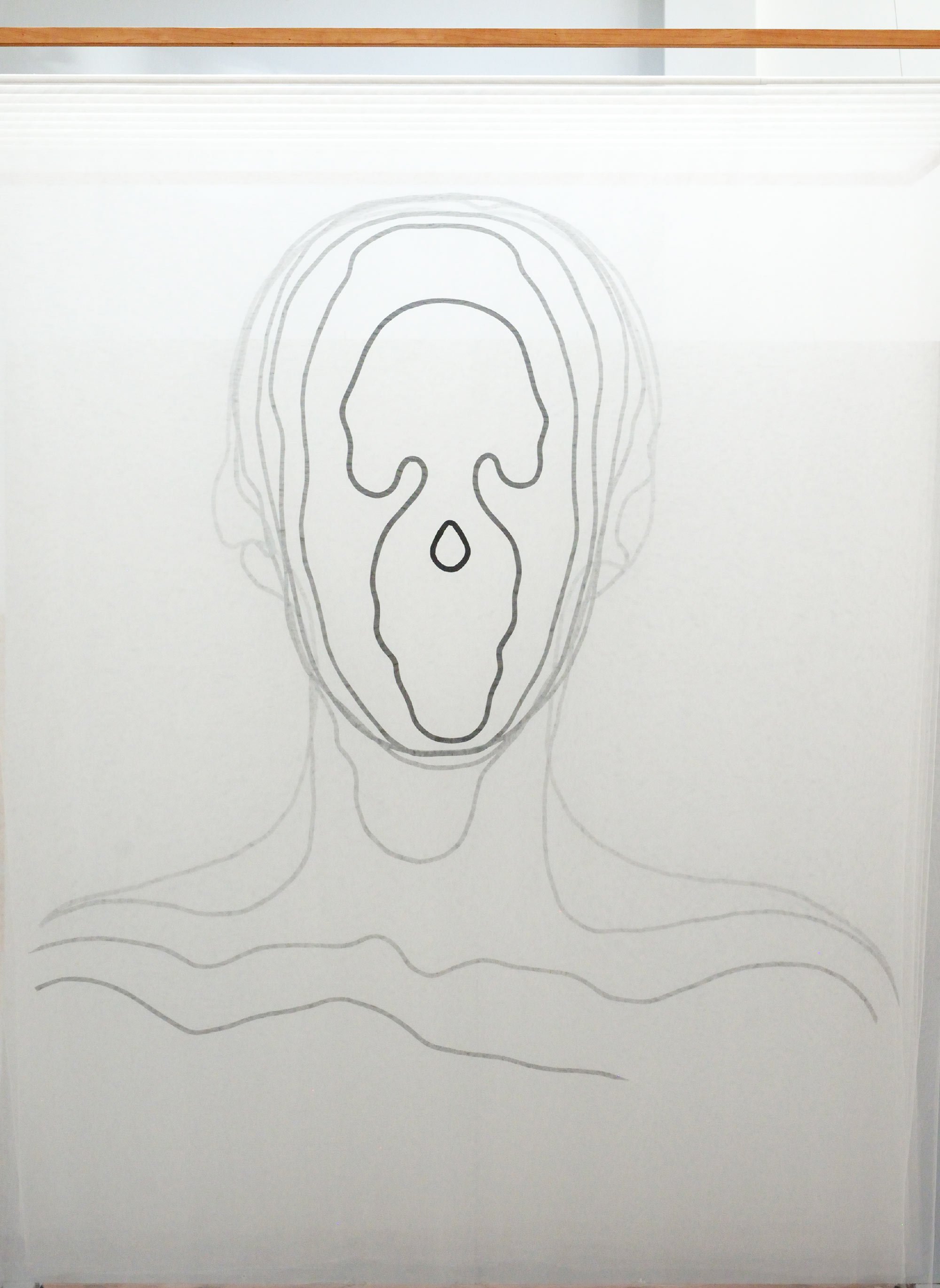 Facial Topography, 2019, nylon tulle, bias tape, machine and hand stitching, wood and metal, (front) textile by Jaya Griscom
