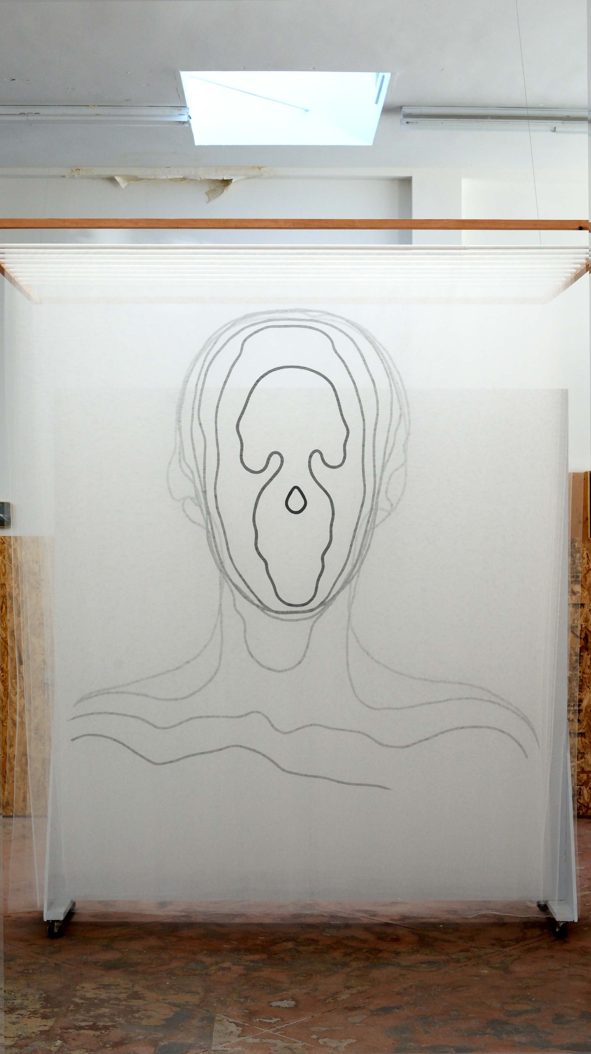 Facial Topography, 2019, nylon tulle, bias tape, machine and hand stitching, wood and metal, textile (front wide) by Jaya Griscom