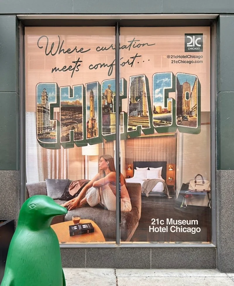 Large-scale window cling for foot traffic awareness.