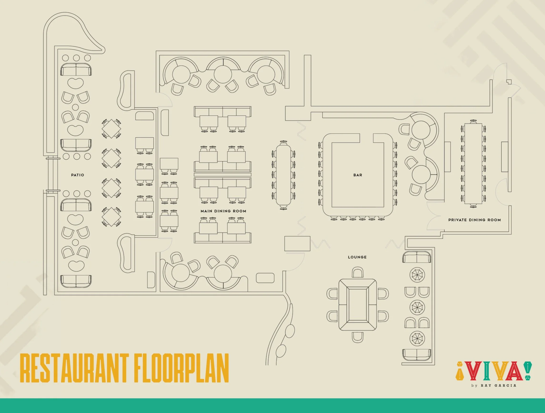 Floor plan of a restaurant with various dining areas, including a patio, main dining room, private dining room, bar, and lounge.
