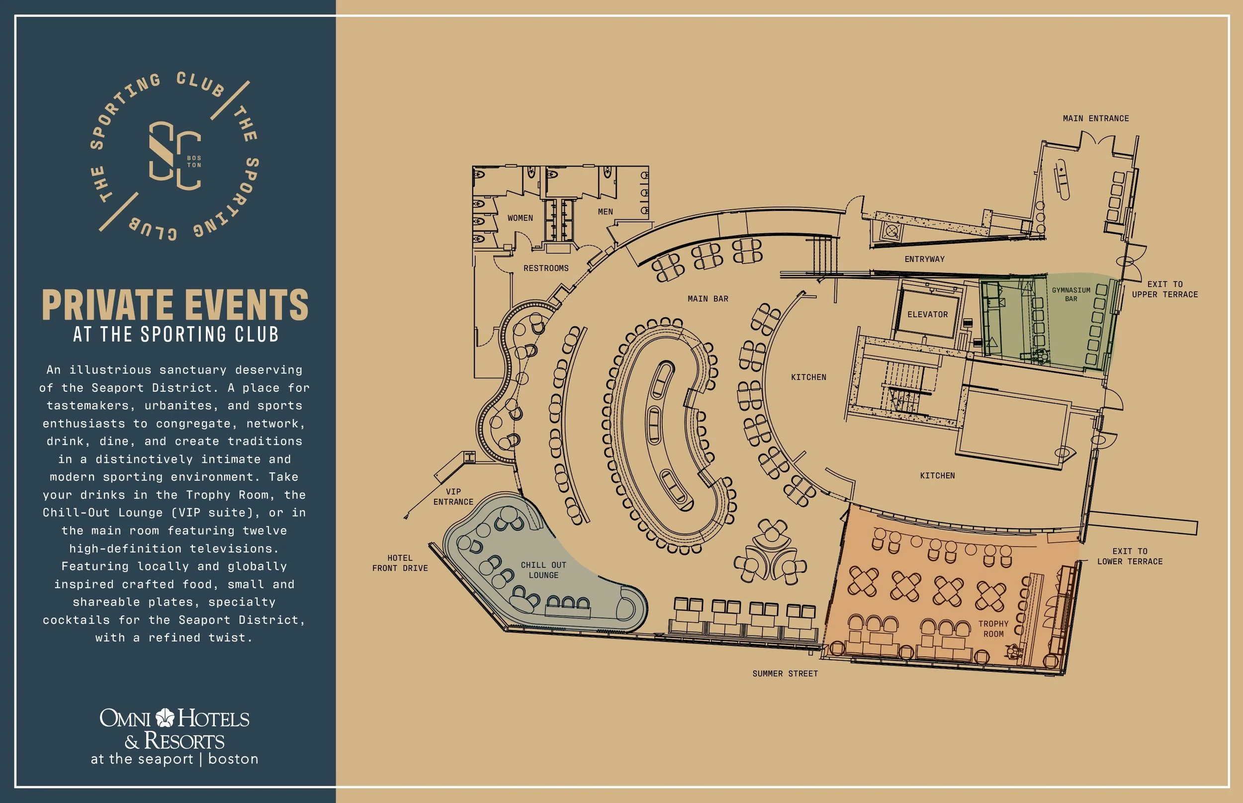 Branded floor plan design and production for The Sporting Club in Boston, MA.