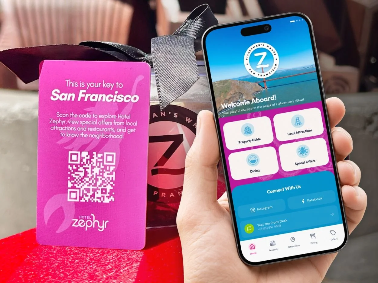 Fully branded hotel guest guide for mobile use, accessed via QR code on the custom hotel keycard.