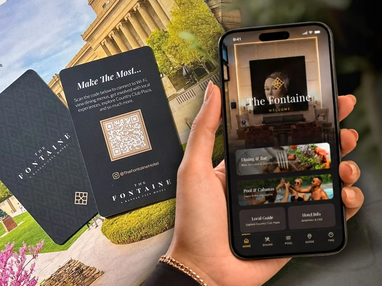 Fully branded hotel guest guide for mobile use, accessed via QR code on the custom hotel keycard.
