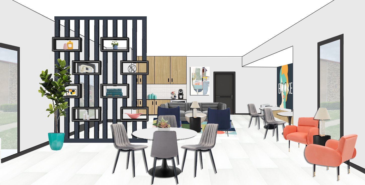 Closing, Reception, Wifi Lounge, and Beverage Render Created Using AutoCAD, Sketchup, and Photoshop. Custom Shelving Partition Designed by Me.
