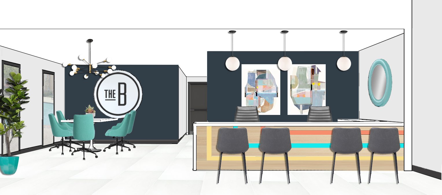 Leasing Render Created Using AutoCAD, Sketchup, and Photoshop. Custom Leasing Desk with Lighting Strips Created in Collaboration with Contractors. Custom Window Vinyl Decal with Branding Logo Created in Collaboration with Branding Partners.