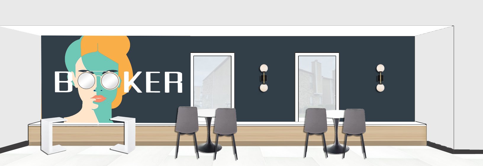 Wifi Lounge Render Created Using AutoCAD, Sketchup, and Photoshop. Custom Mural Designed by Me and Created Into a Vinyl Decal.