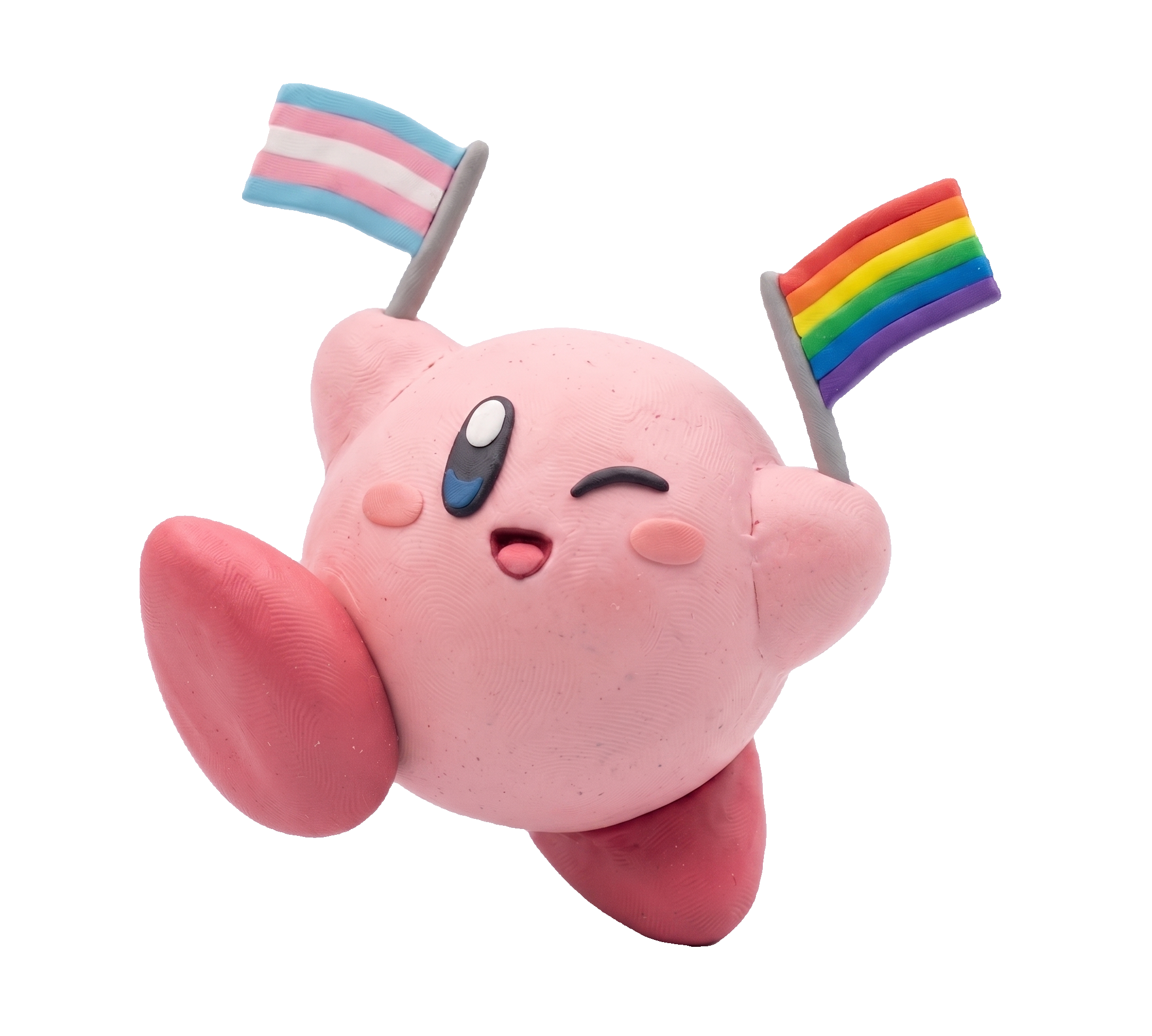 Claymation-style Kirby figure holding a transgender pride flag and a rainbow LGBTQ pride flag against a light blue background.
