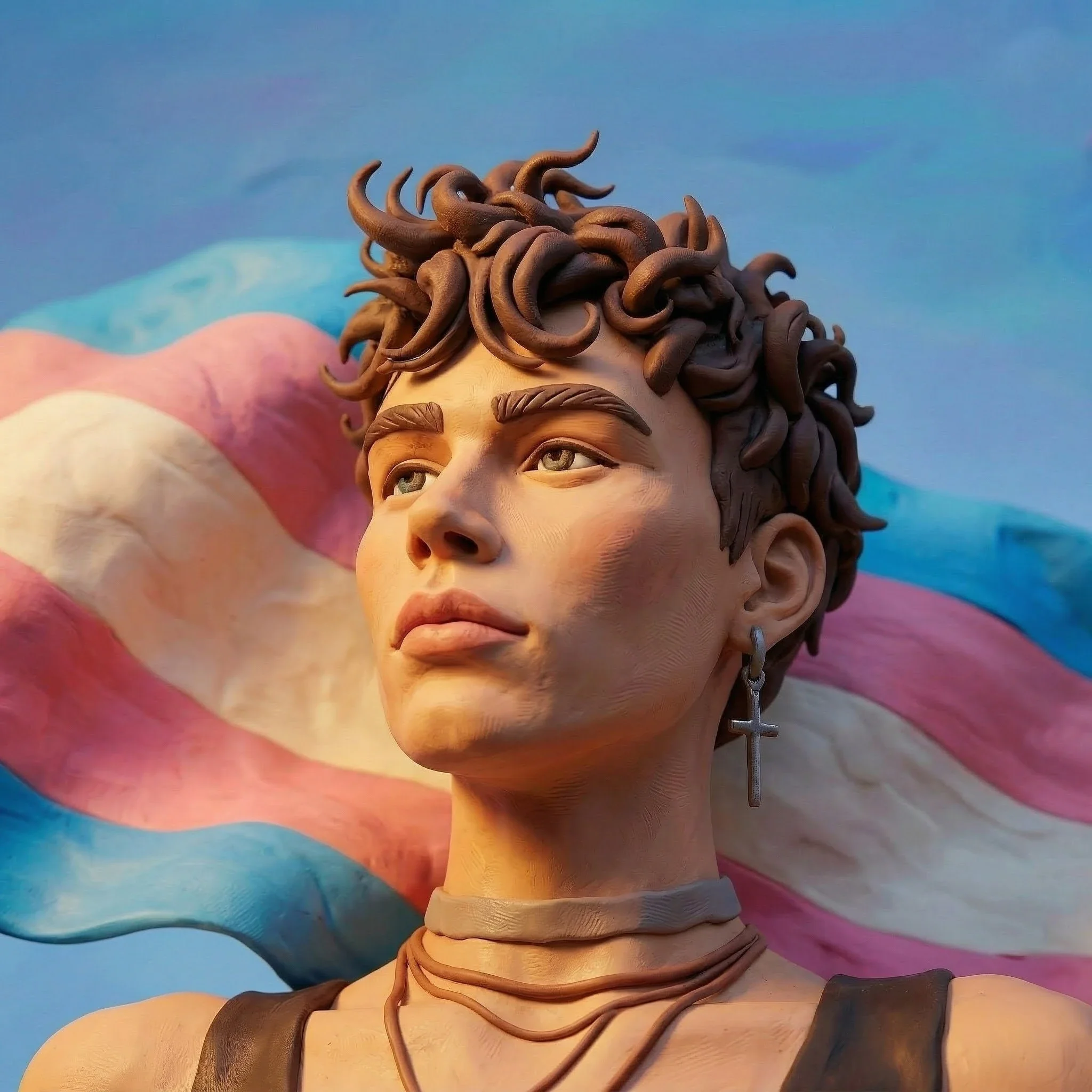 a trans person stands triumphant in front of a trans flag