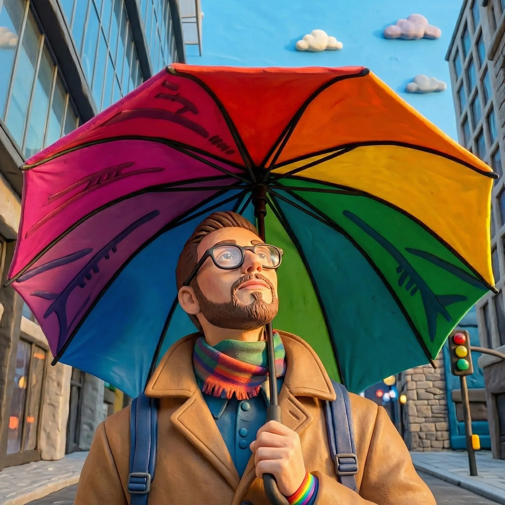 A plasticine illustration of a man with a rainbow umbrella standing in a city, representing LGBTQIA+ affirming care and inclusive mental health support in Port Moody