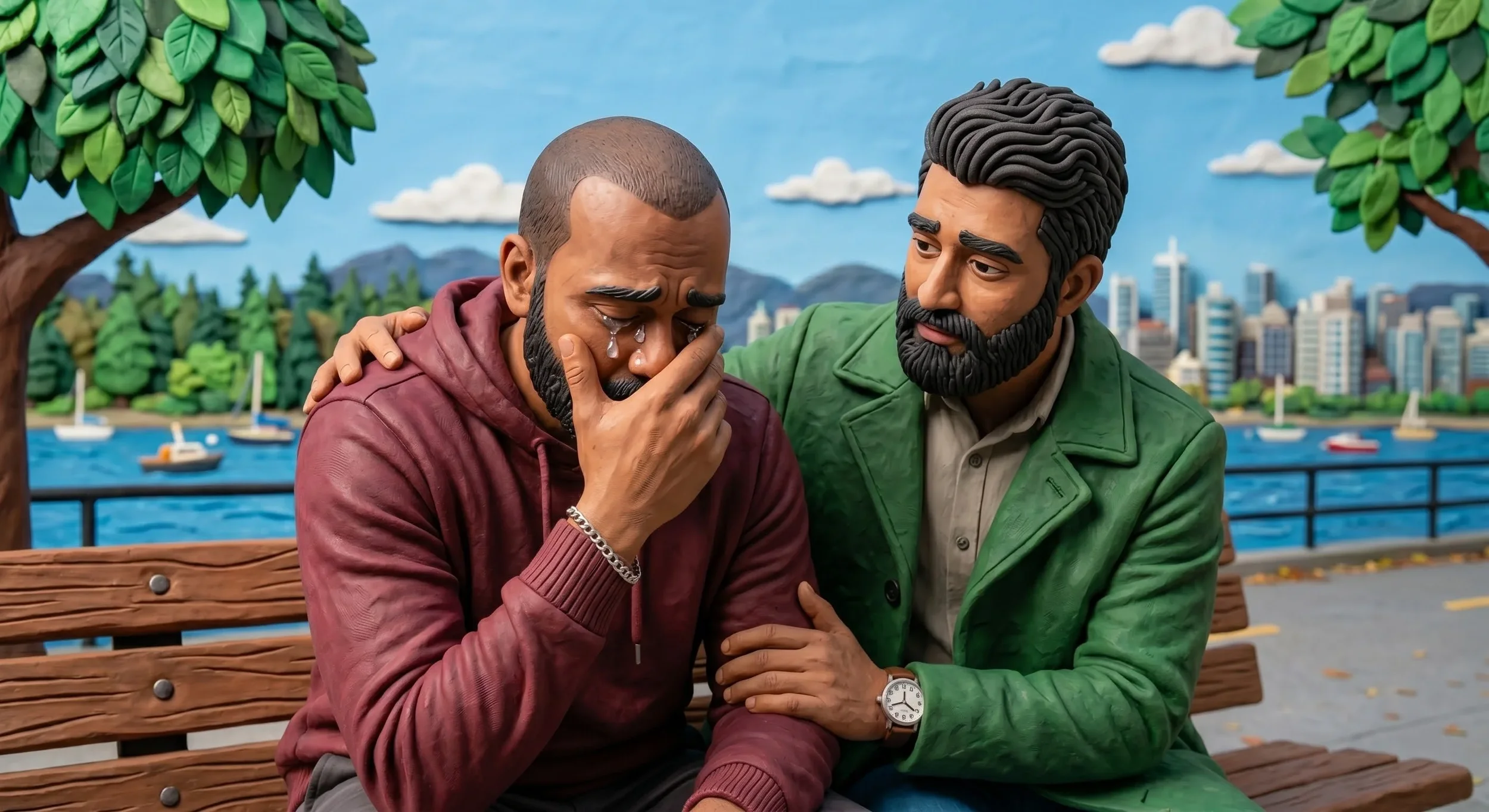Two men sitting on a wooden bench by a river, one crying and the other comforting him, with city buildings and boats in the background.
