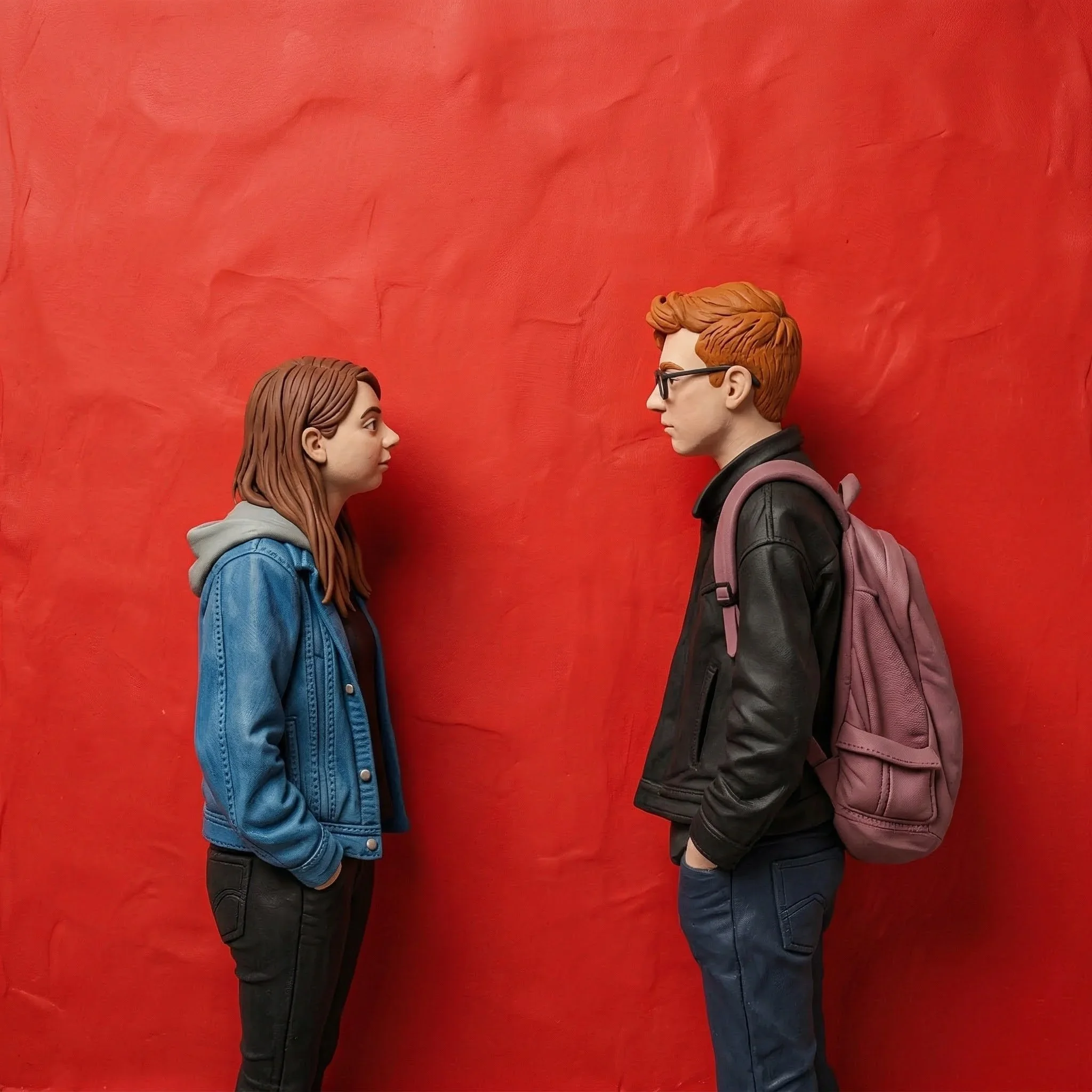 A clay-style 3D illustration of two young adults in conversation against a red background, representing neurodivergent affirming care and inclusive social support