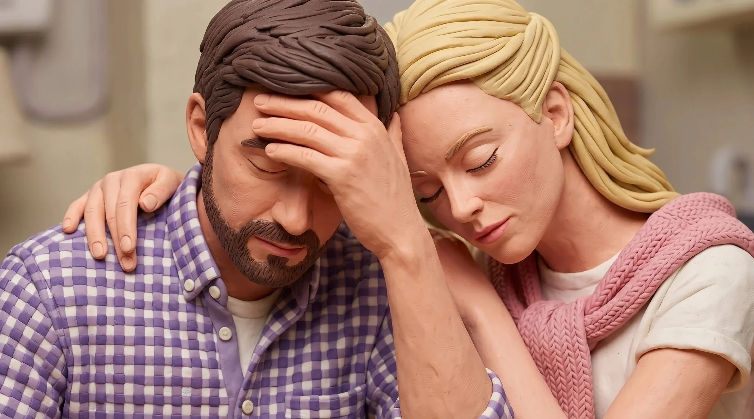 Plasticine sculpture of a woman providing compassionate, supportive comfort to a man in distress, representing trauma-informed PTSD therapy available online across British Columbia