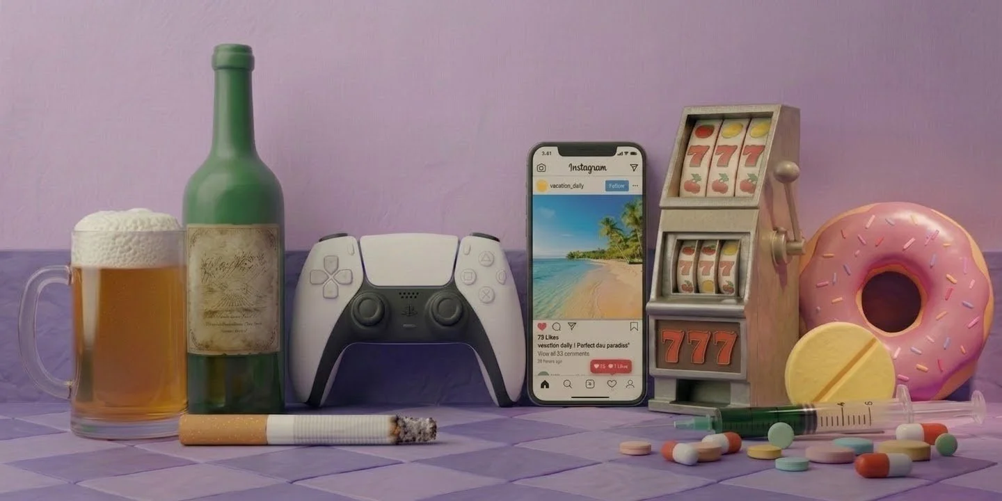 Arrangement of alcohol, cigarettes, pills, gaming controller, smartphone with beach photo, slot machine, and donut on a purple surface.