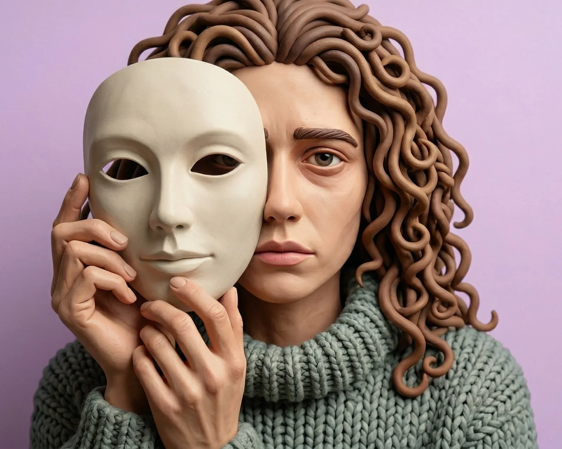 A woman with curly brown hair holding a white blank mask in front of her face, standing against a light purple background.