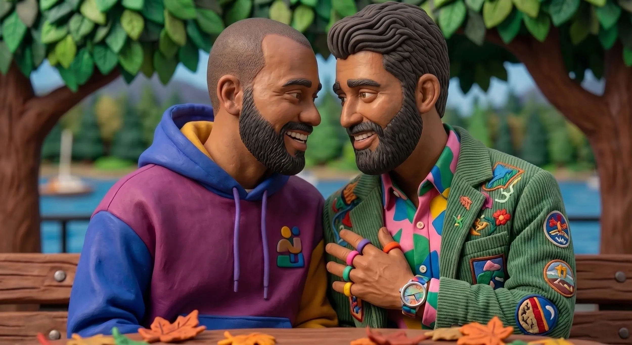 A plasticine image of a east indian gay couple demonstrating emotional support and grounding, symbolizing a safe environment for trauma-informed recovery.