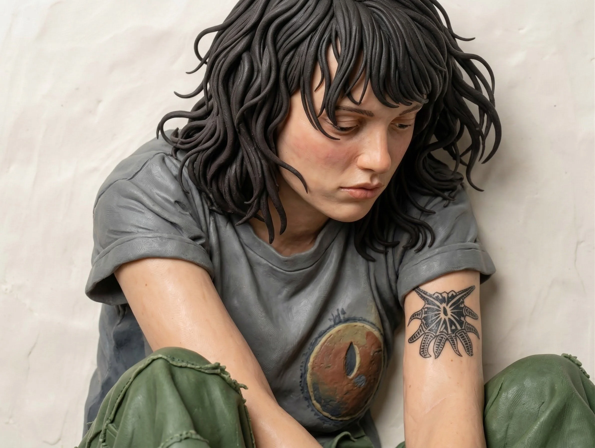 A detailed plasticine sculpture of a person in a moment of quiet reflection, capturing the weight and stillness of depression to offer a sense of understanding and companionship on the healing journey.