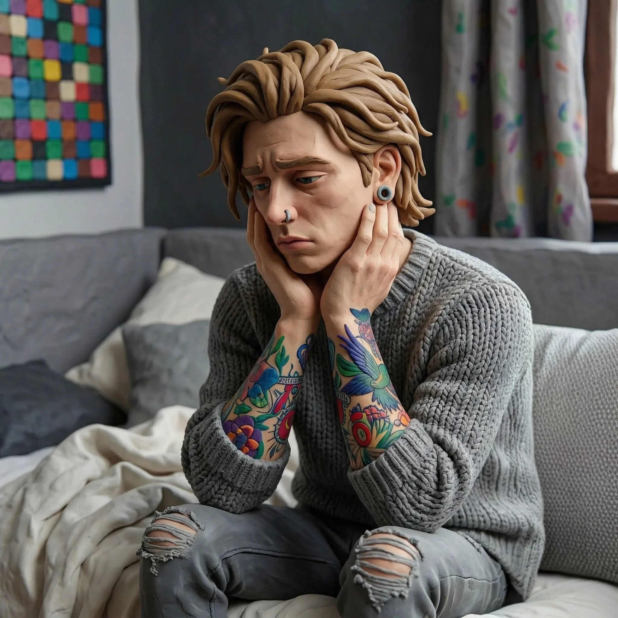 A clay-style 3D illustration of a man reflecting on his mental health, representing clinical depression support and counselling services in Port Moody