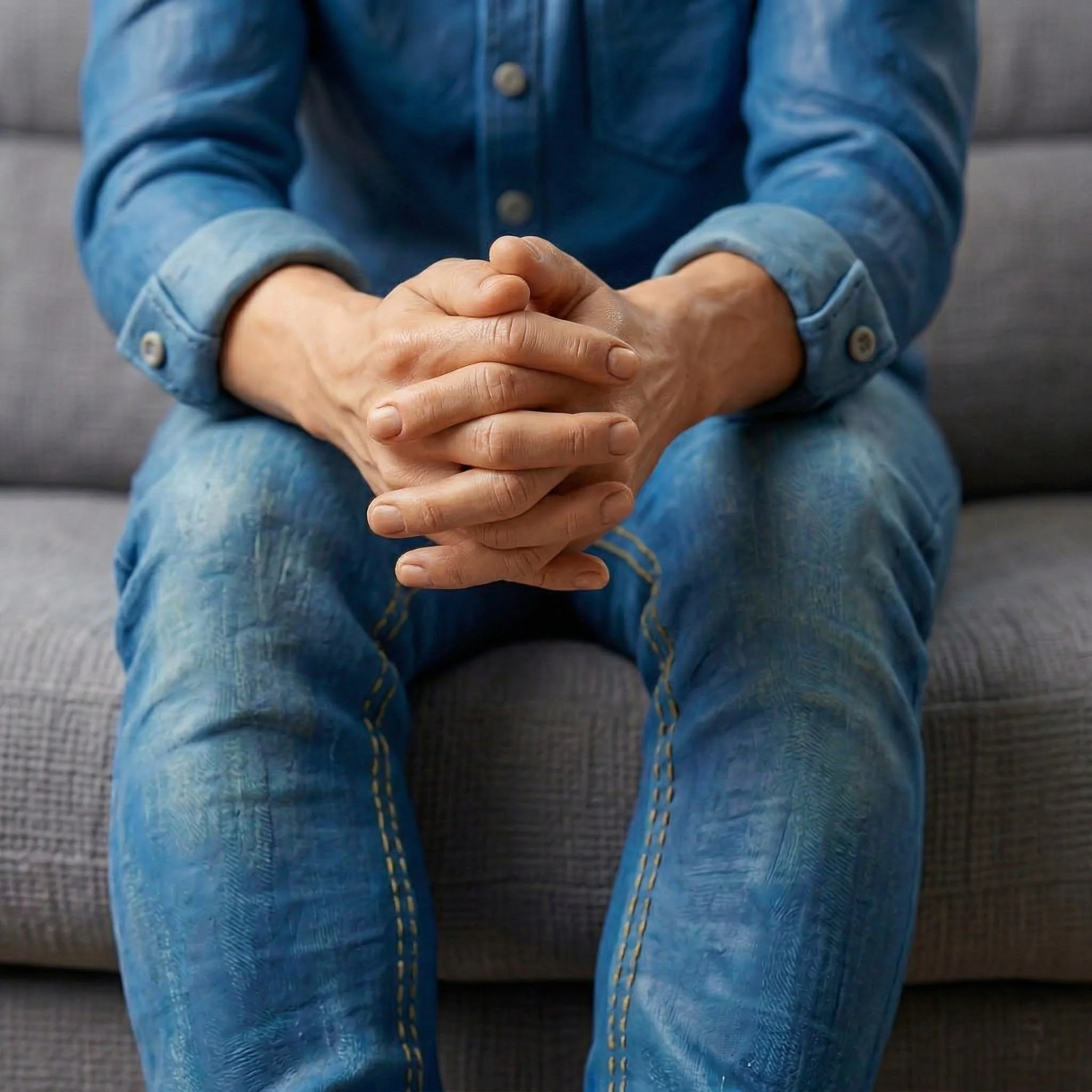 A close-up, 3D plasticine-style sculpture of a person sitting on a couch with hands tightly interlaced, symbolizing the tension and complexity of navigating relationships with substances and problematic behaviors.