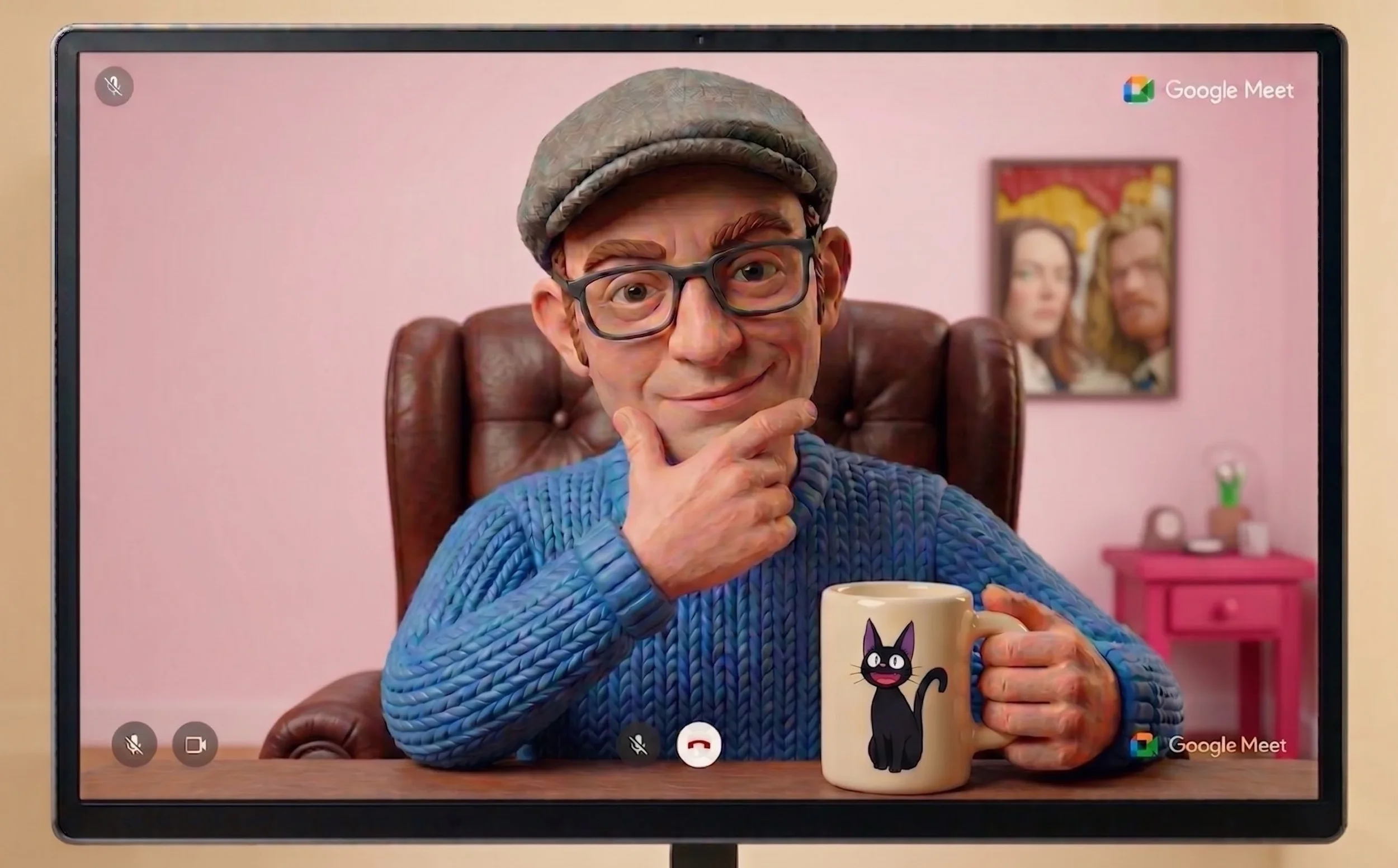 A warm, stylized plasticine-art image of counsellor Mike Kling wearing a tweed cap and a blue sweater, smiling during a virtual session from his warm, pink-toned home office