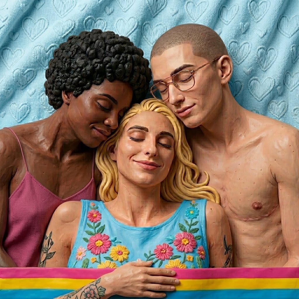 Three people, two women and one man, lying close together with peaceful expressions. The woman in the center has long blonde hair, a floral dress, and visible tattoos on her arms. The woman on the left has dark skin and an afro hairstyle, wearing a pink top. The man on the right has light skin, glasses, and a shaved head. They are lying on a blue blanket with a heart pattern.