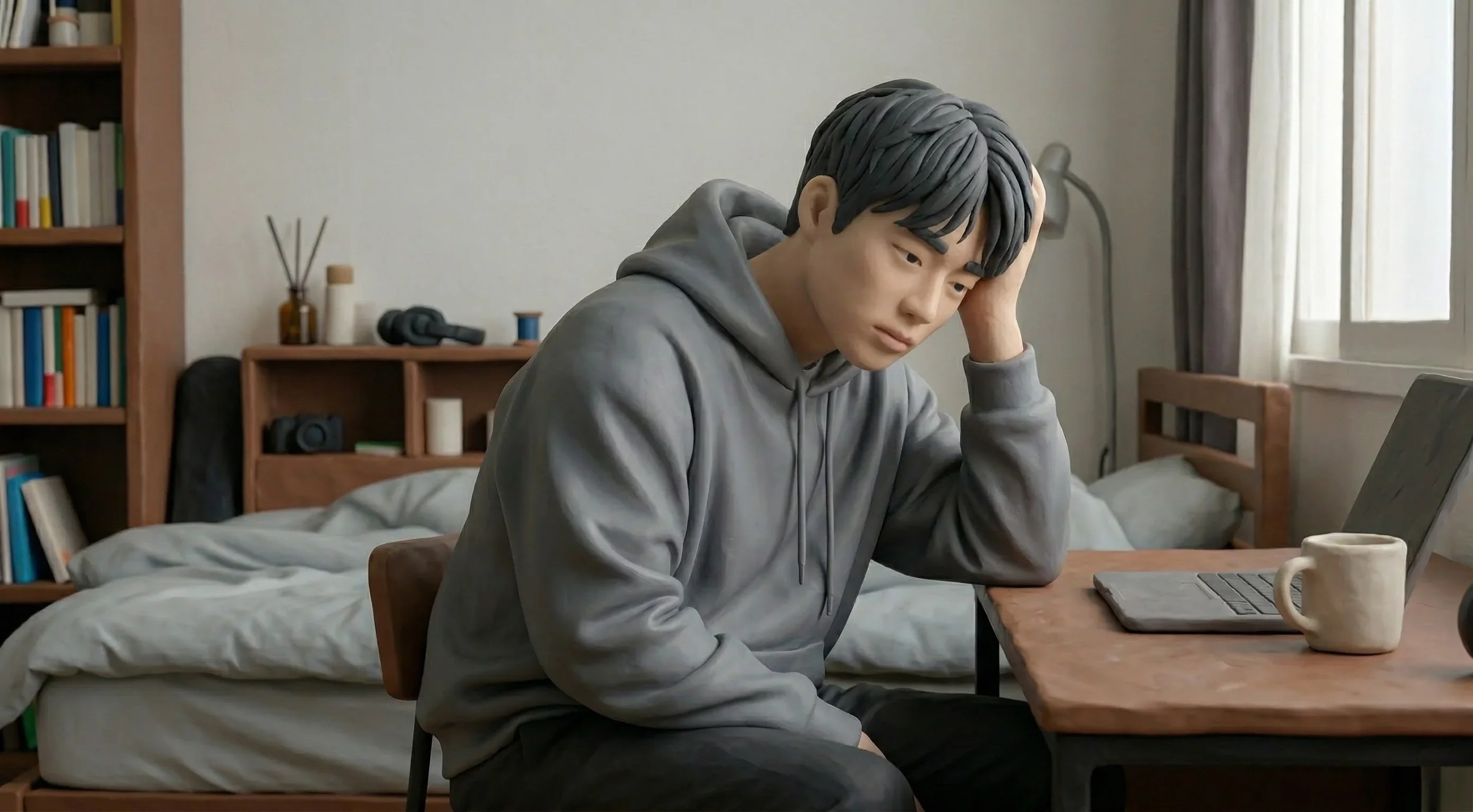 A 3D plasticine illustration of a a young man asian in a grey hoodie sitting despondently at a desk with a laptop and mug, his head resting in his hand, depicting the heavy and isolating experience of depression within a quiet home settin