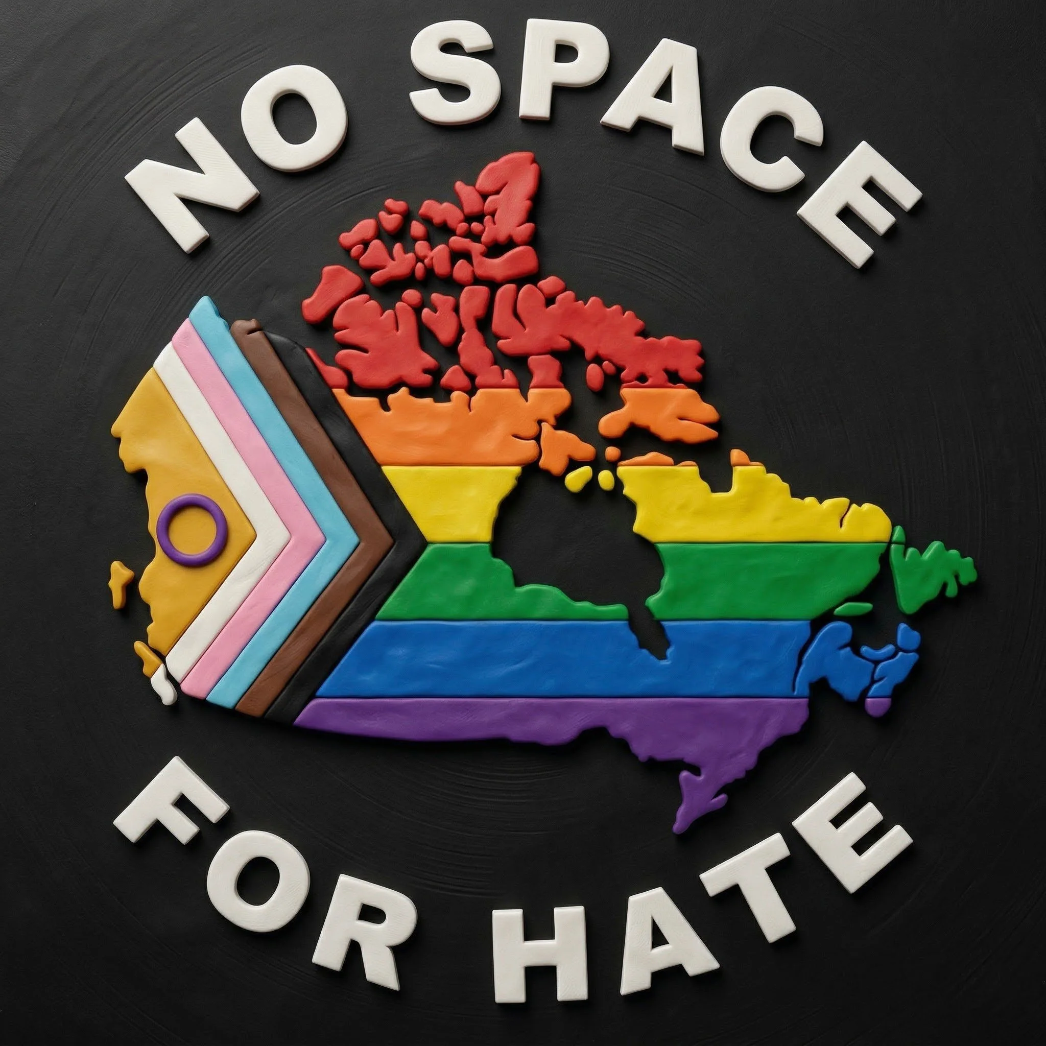 Decorative image with a black background featuring a colorful map of Canada with rainbow stripes and the words "NO SPACE FOR HATE" in white letters above and below the map.
