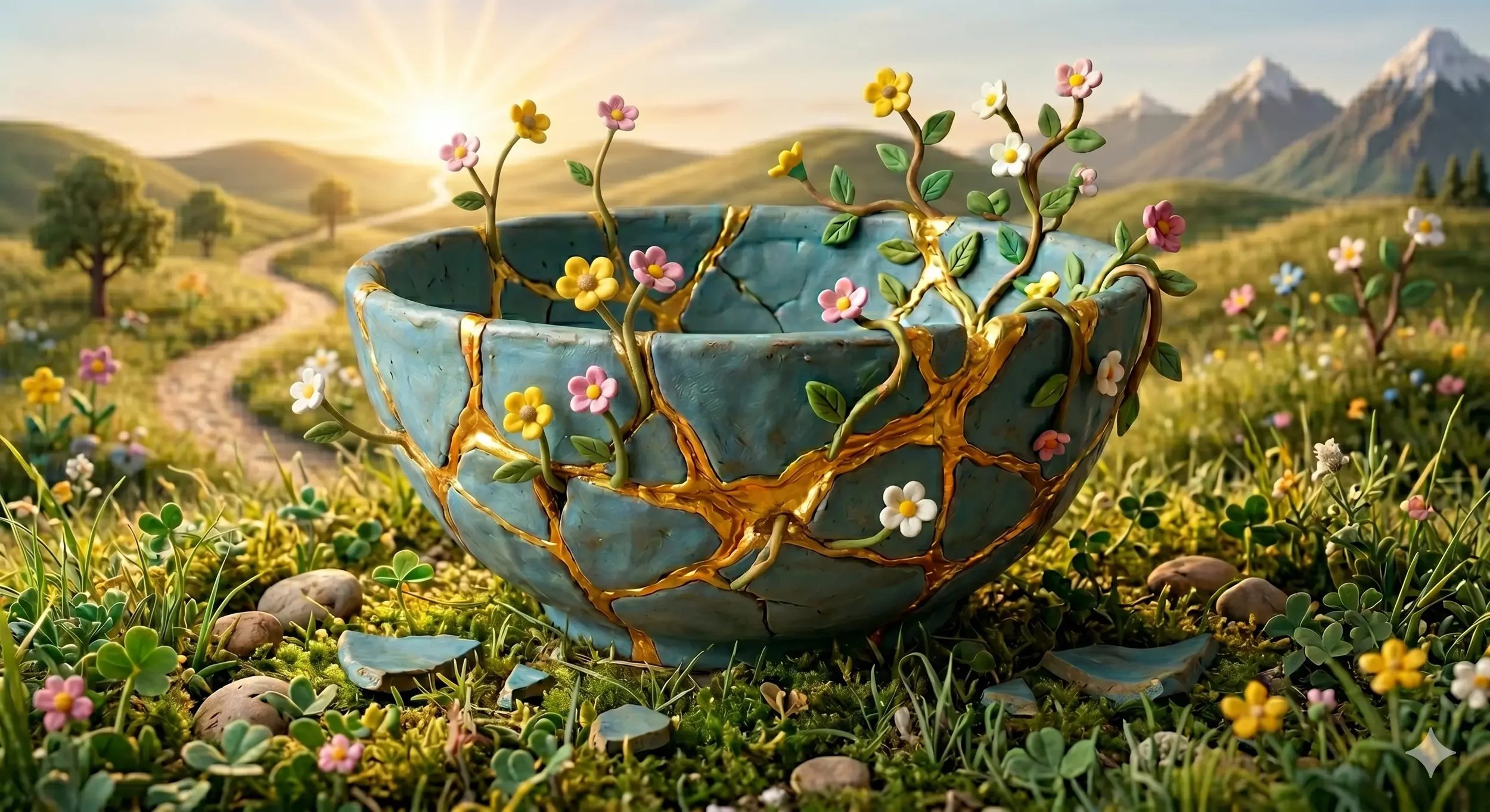 A plasticine image of a kintsugi bowl with flowers growing out of it to represent resilience and growth through healing