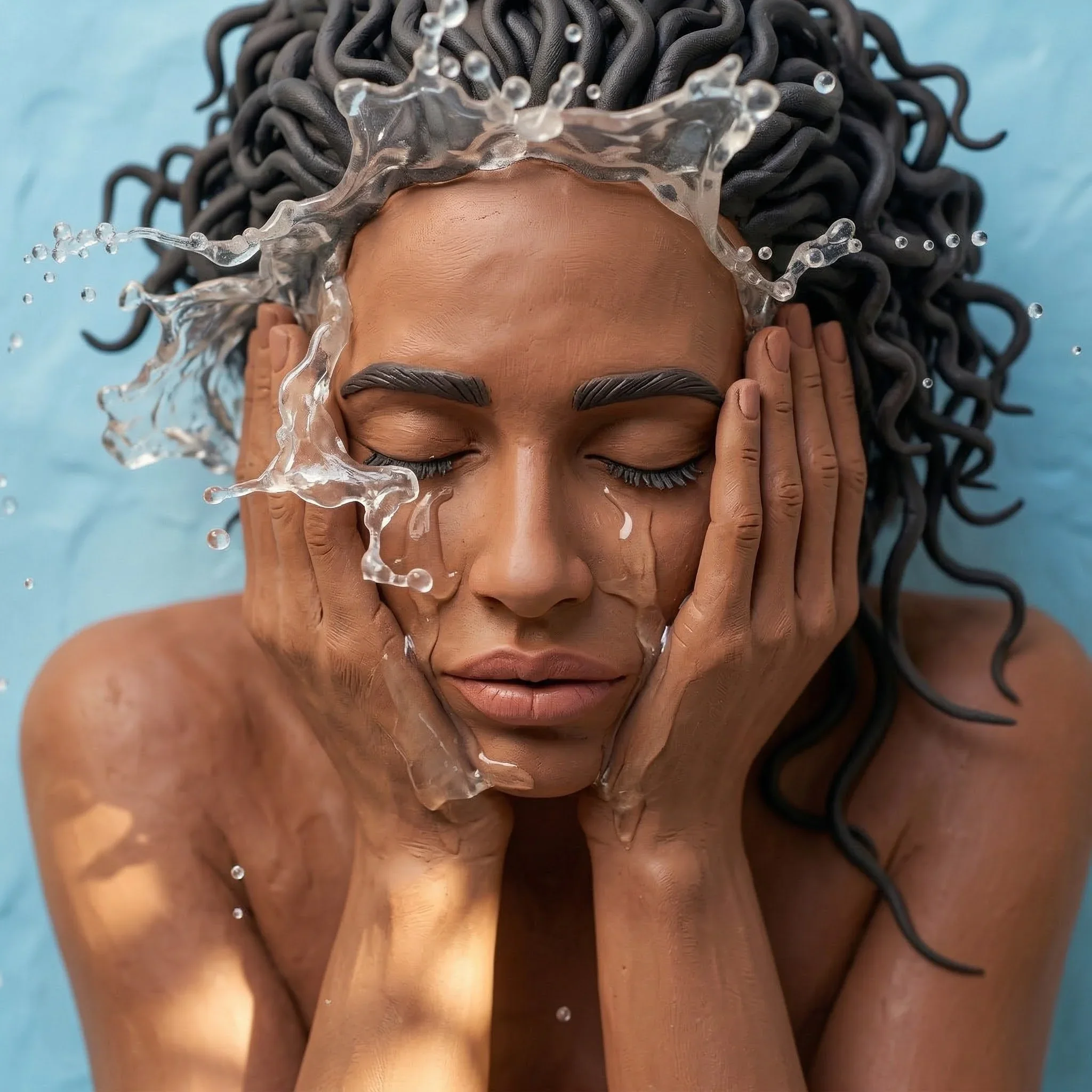 Plasticine sculpture of a person with hands at their face and water splashing, representing emotional release and healing in a therapy context