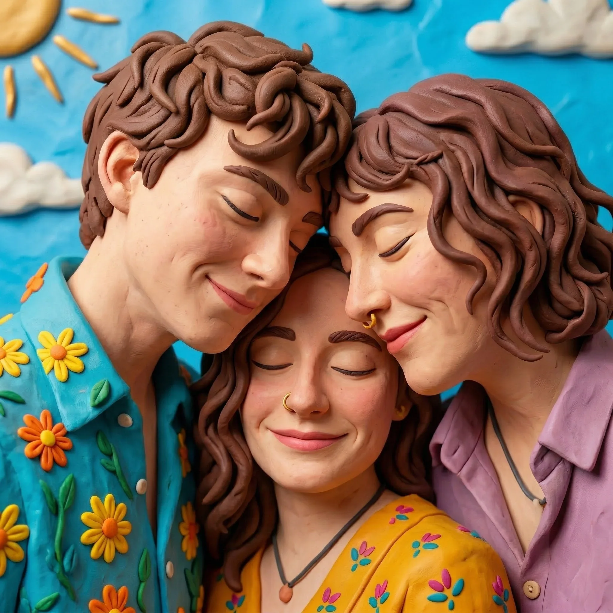 "A plasticine sculpture representing a bonded Vee triad, with one central partner and two supporting partners