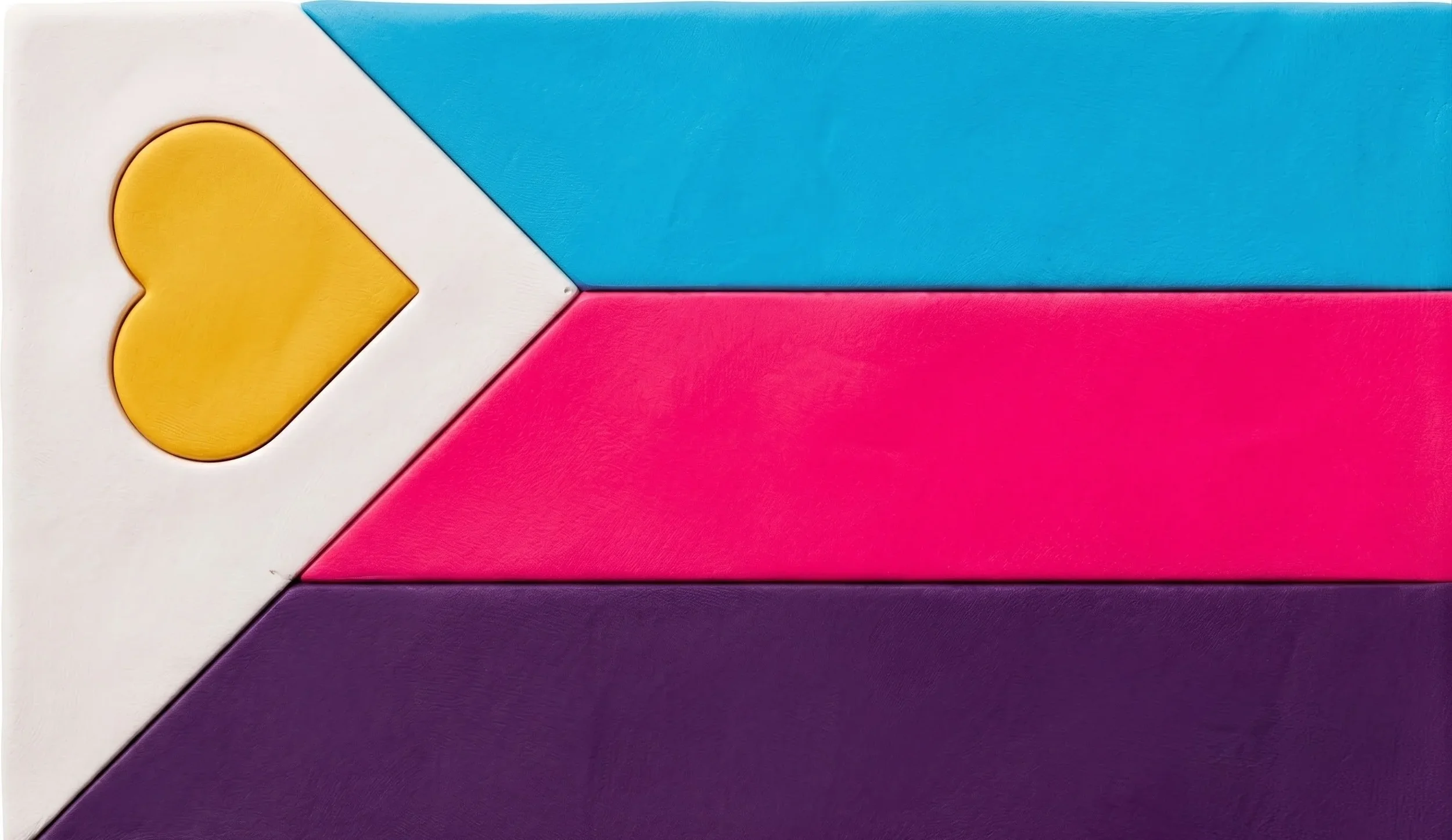 A plasticine illustration of the modern polyamory pride flag, featuring blue, magenta, and purple horizontal stripes with a white chevron containing a yellow heart on the left side.