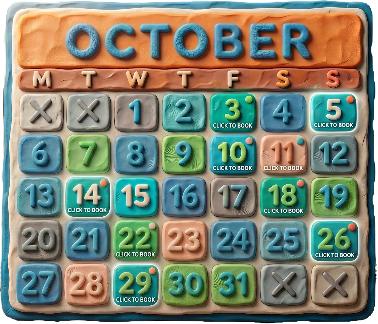 A tactile plasticine-style October calendar icon for Clear Skies in Mind Counselling. Click this image to book a neurodiverse-affirming or lgbtqia2+ counseling session