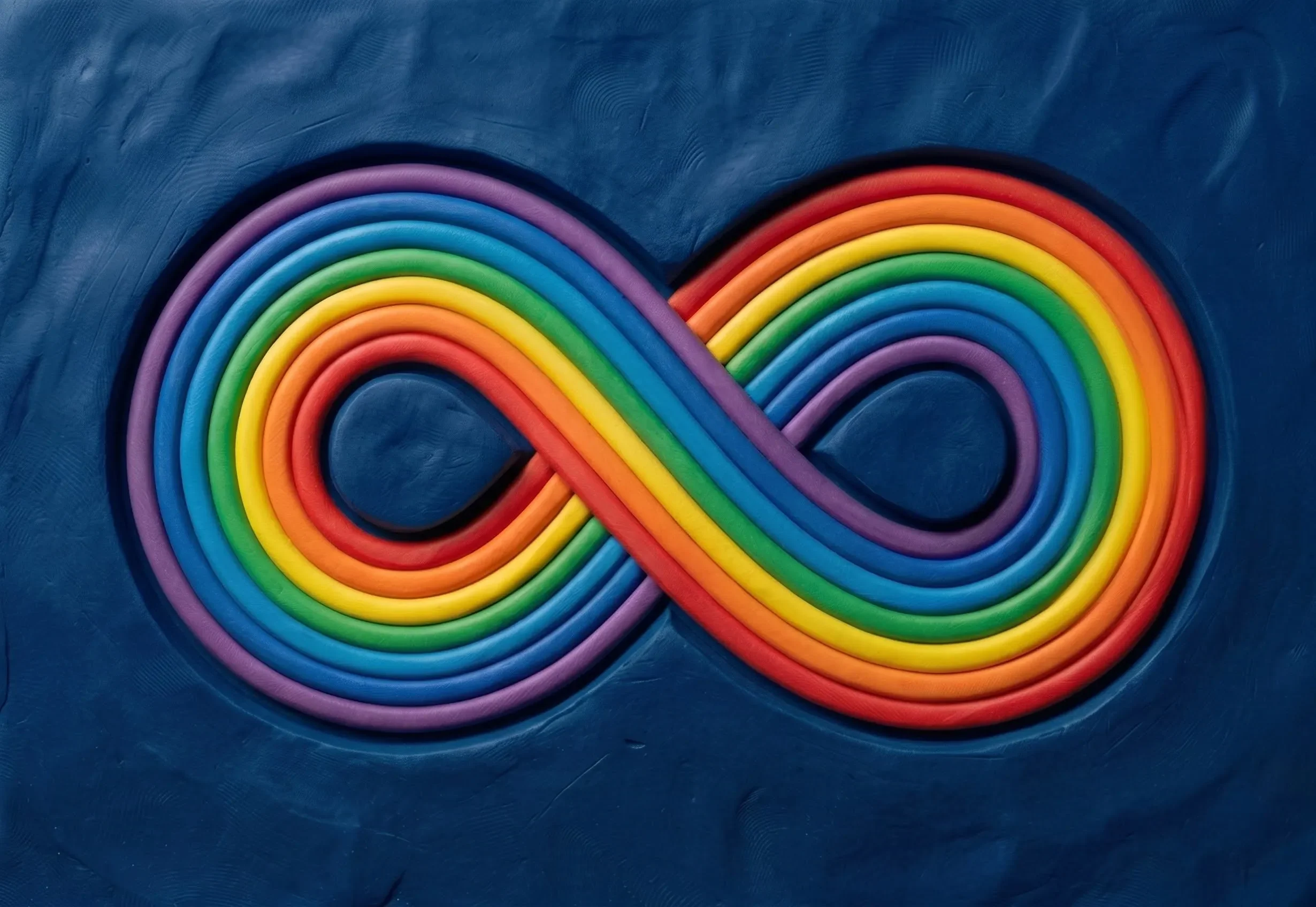 The neurodiversity rainbow infinity symbol crafted out of plasticine, illustrating our commitment to neurodivergent affirming therapy.