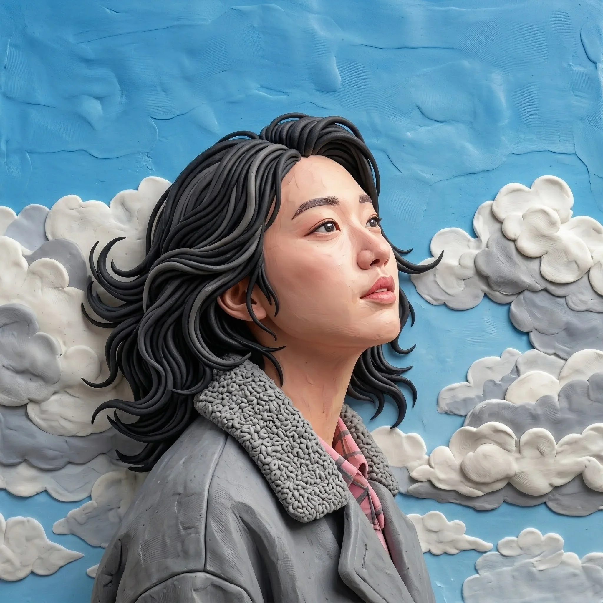 A detailed 3D plasticine-style illustration of a woman looking upward with a hopeful expression against a backdrop of clearing grey clouds and a bright blue sky, symbolizing the journey toward mental wellness and finding answers through therapy.
