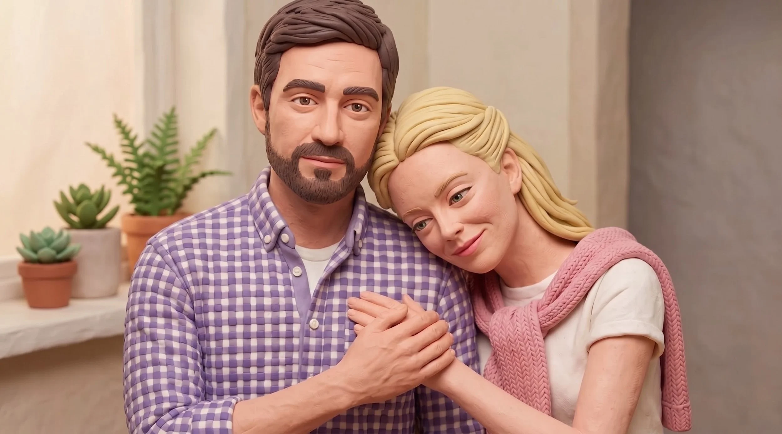 A plasticine image of a couple demonstrating emotional support and grounding, symbolizing a safe environment for trauma-informed recovery.